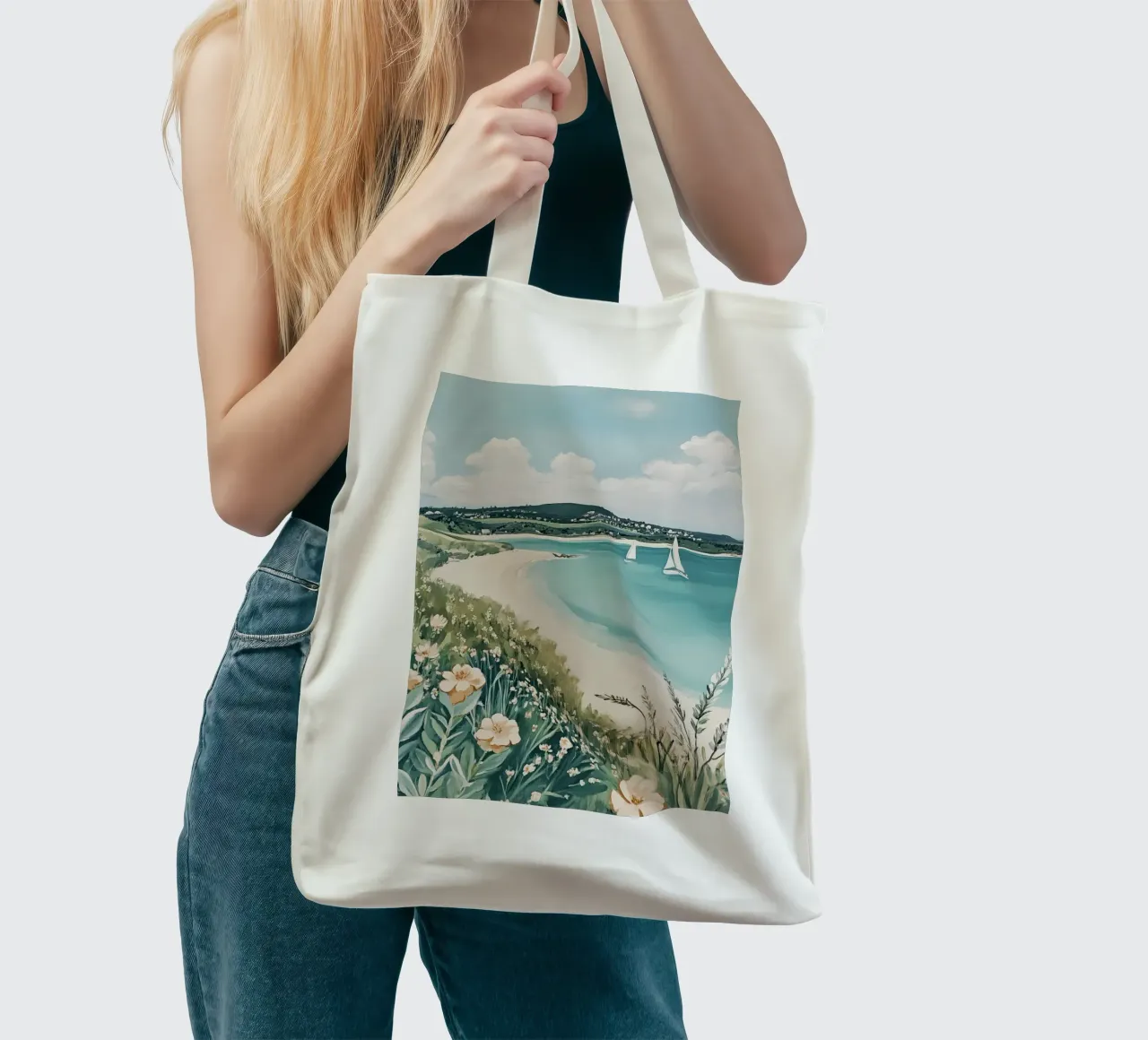 Mare con barche a vela e fiori vivaci borsa in juta da Melloi Art Print