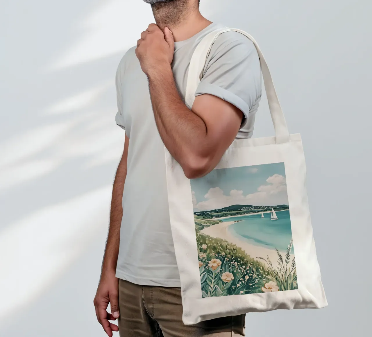 Mare con barche a vela e fiori vivaci borsa in juta da Melloi Art Print