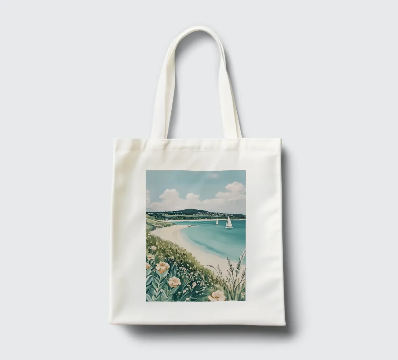 Mare con barche a vela e fiori vivaci borsa in juta da Melloi Art Print