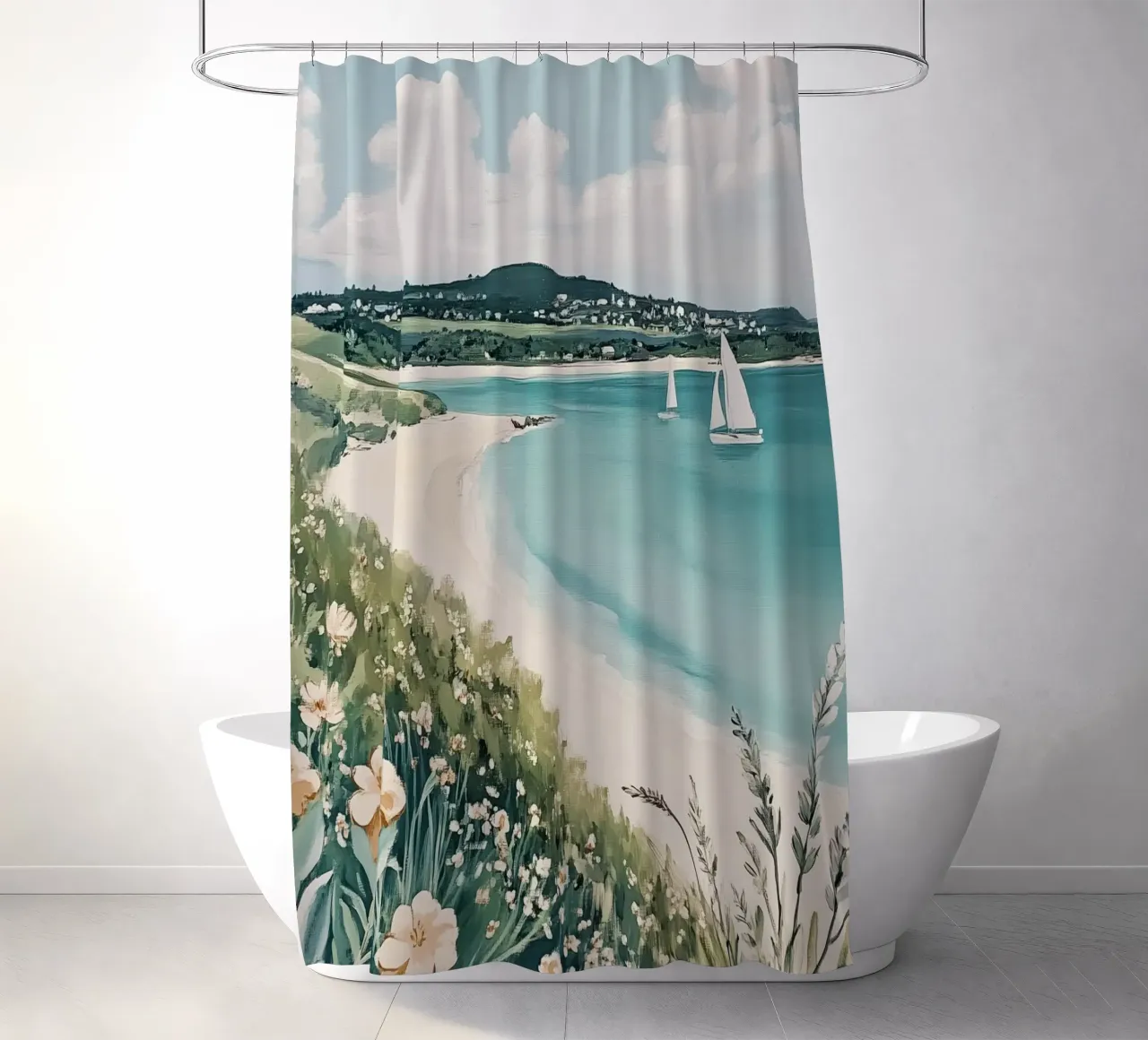 Seaside with Sailboats and Vibrant Flowers shower curtain by Melloi Art Print