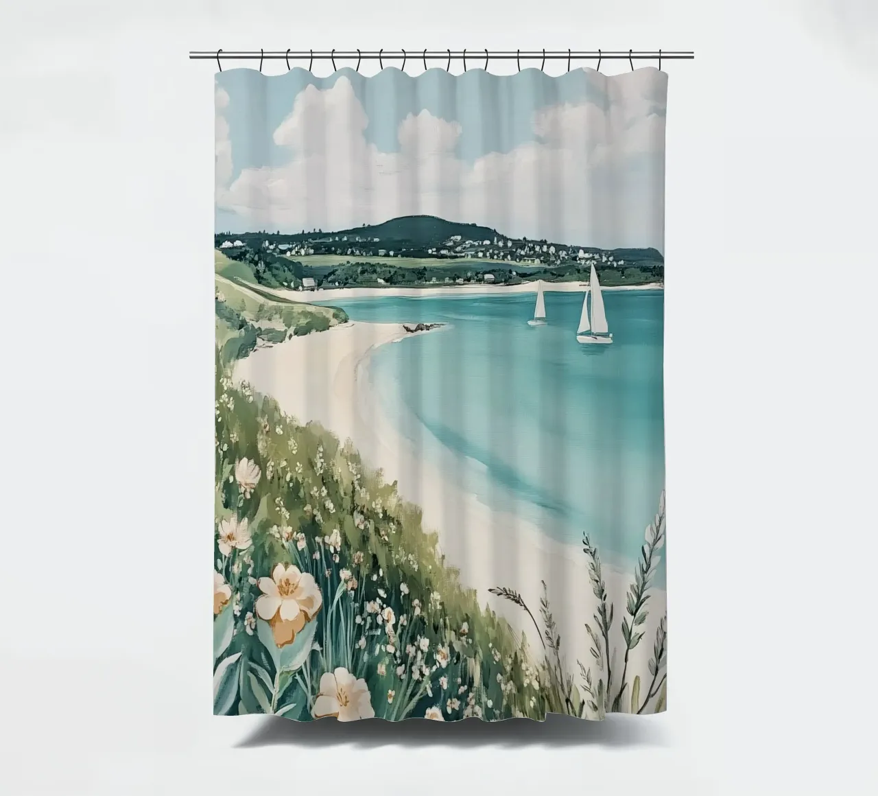 Seaside with Sailboats and Vibrant Flowers shower curtain by Melloi Art Print