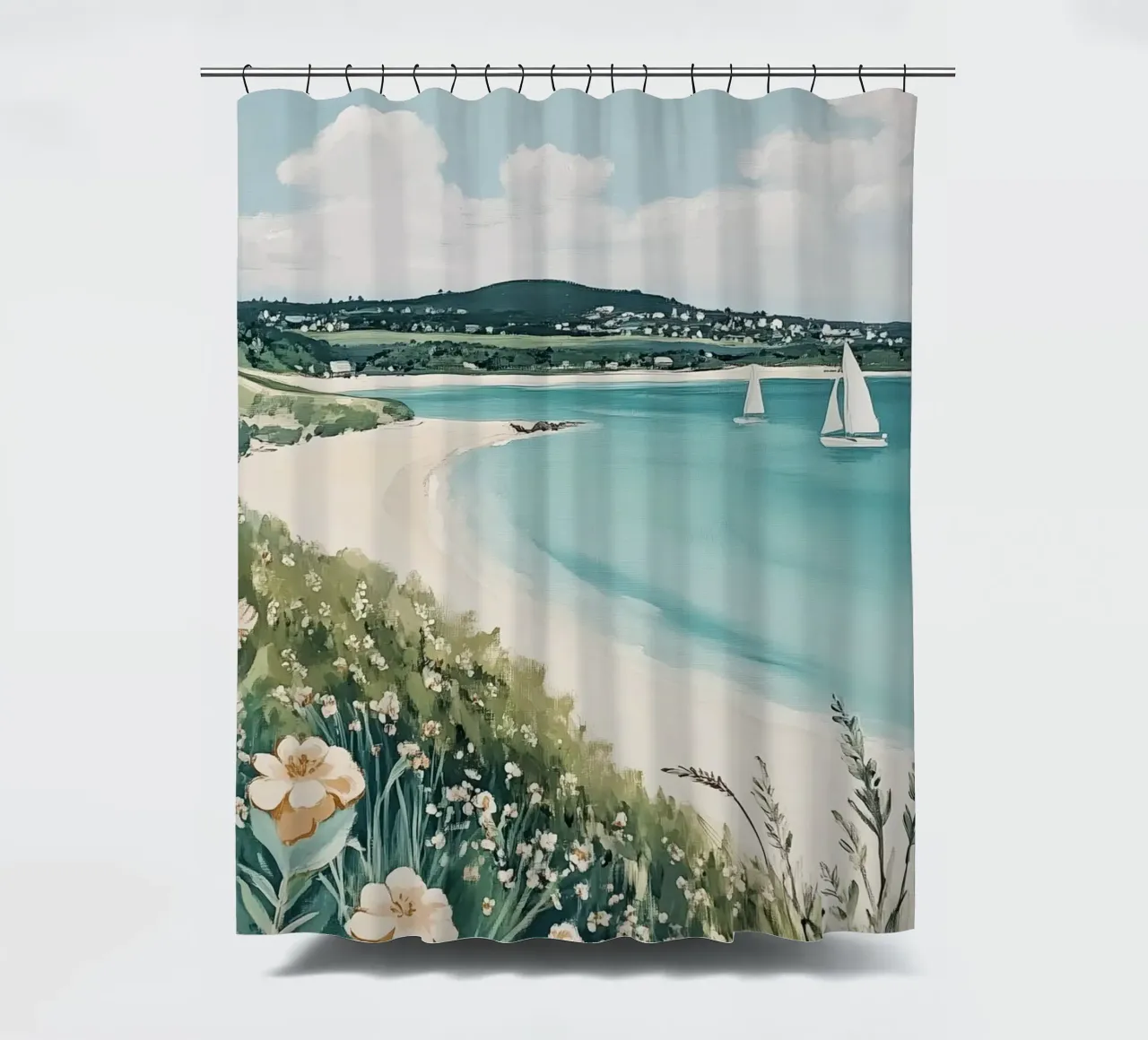 Seaside with Sailboats and Vibrant Flowers shower curtain by Melloi Art Print
