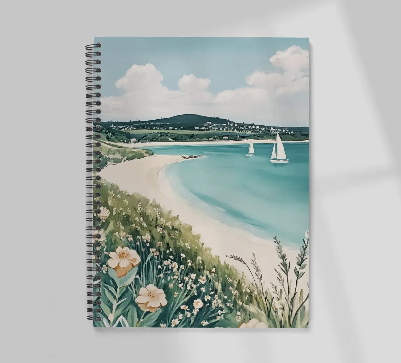 Seaside with Sailboats and Vibrant Flowers spiral notebook by Melloi Art Print
