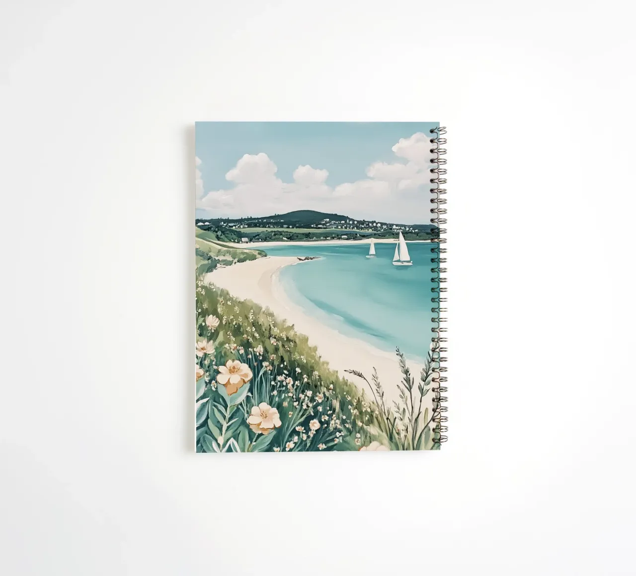 Seaside with Sailboats and Vibrant Flowers spiral notebook by Melloi Art Print