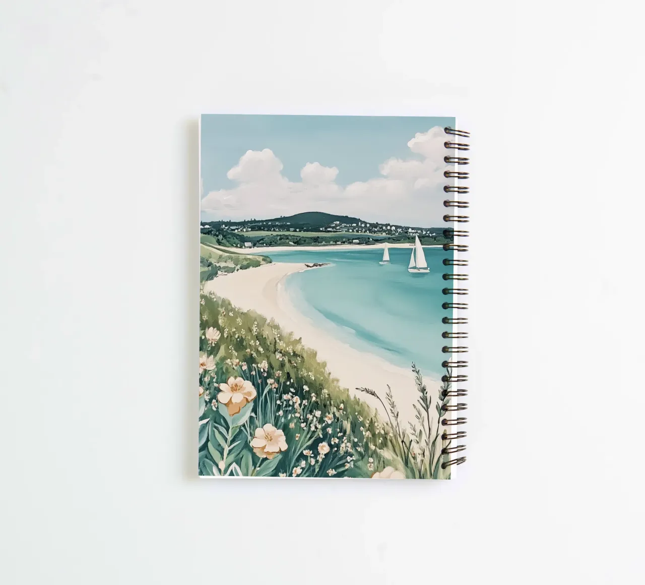 Seaside with Sailboats and Vibrant Flowers spiral notebook by Melloi Art Print