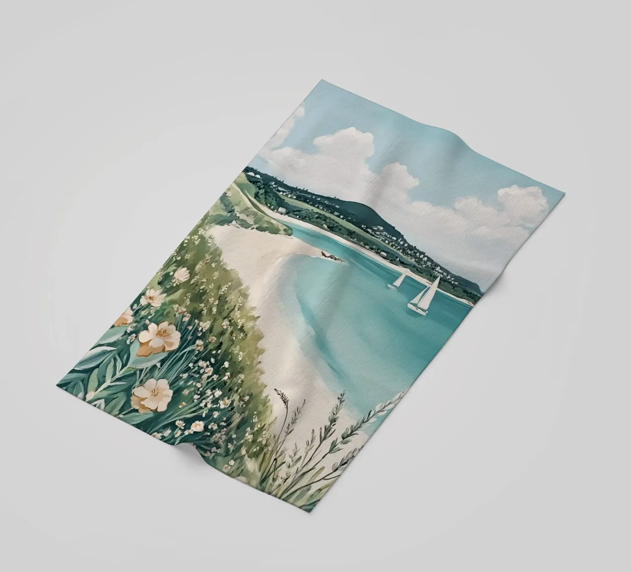 Mare con barche a vela e fiori vivaci telo mare da Melloi Art Print
