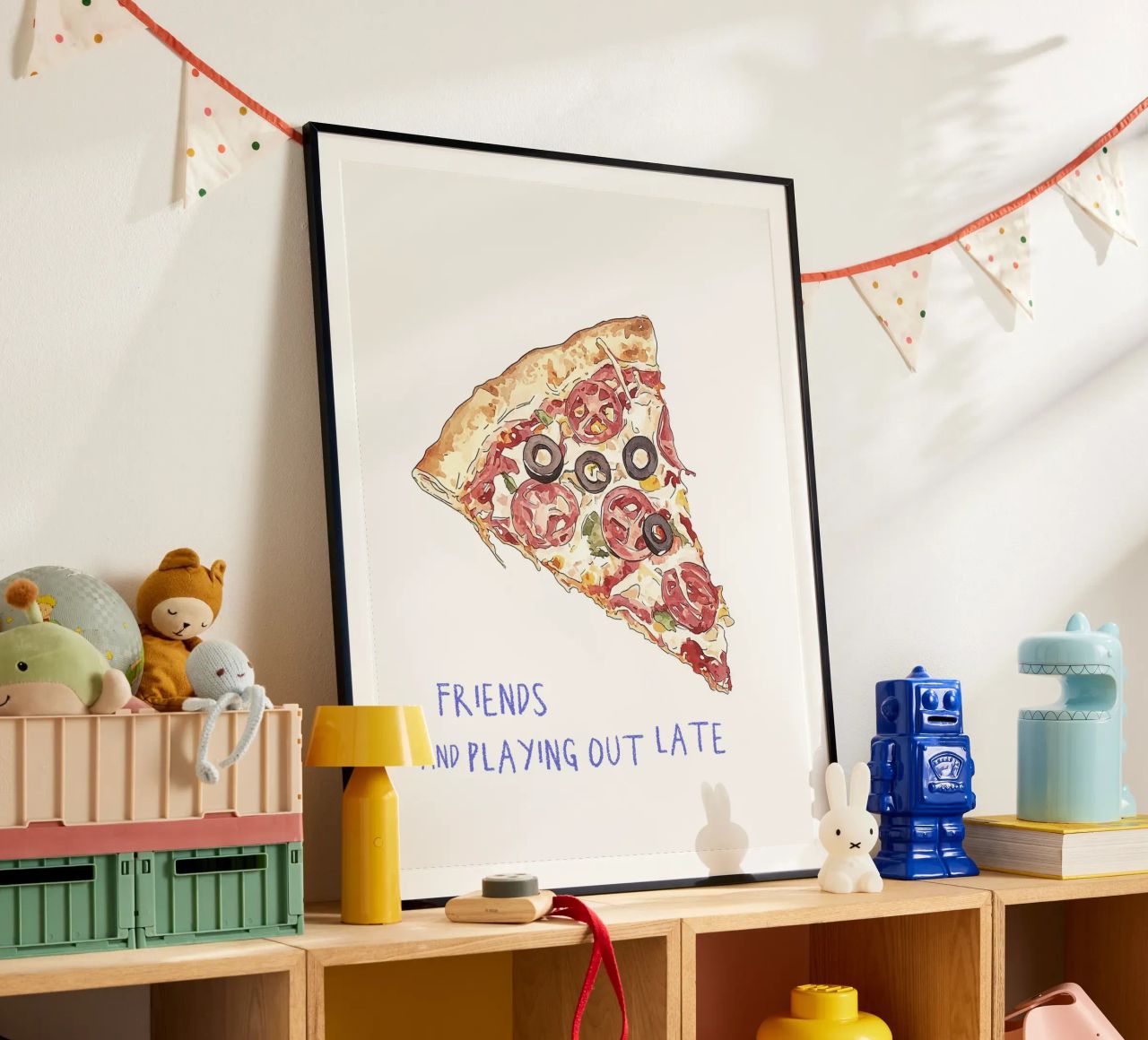 Amis et sorties tardives - Pizza Slice Food Illustration poster de Peaches Art Prints