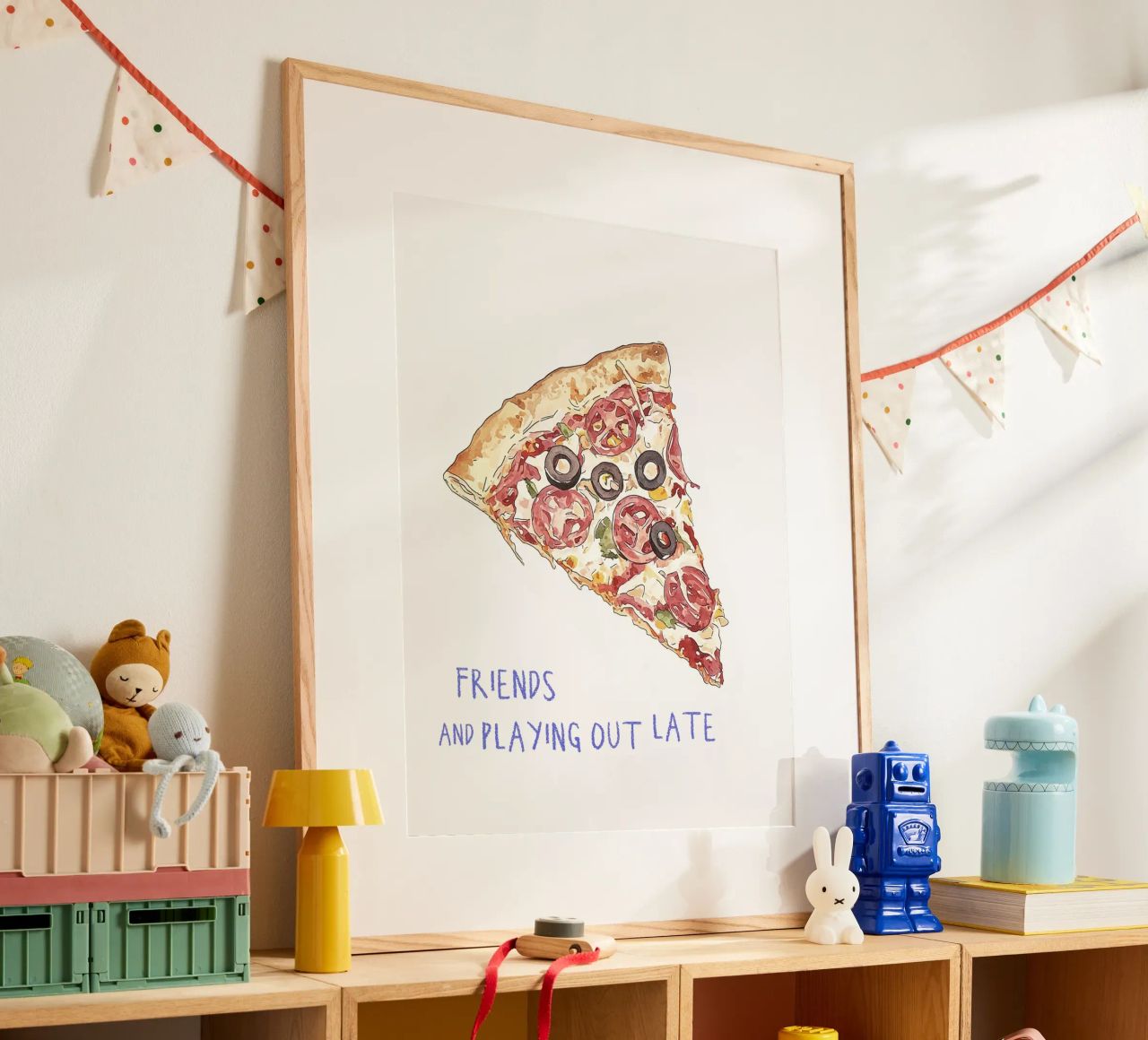 Amis et sorties tardives - Pizza Slice Food Illustration poster de Peaches Art Prints