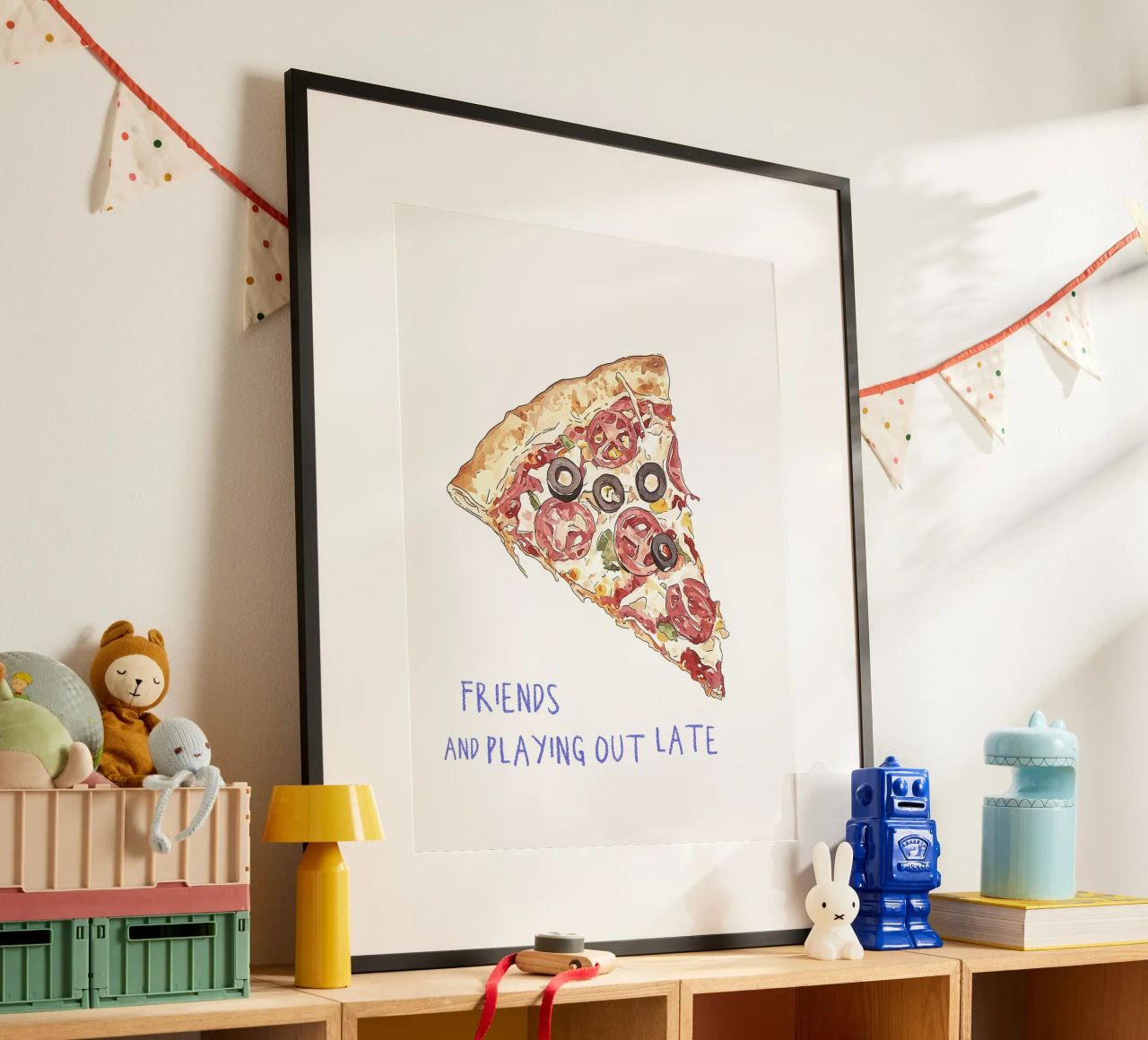 Amis et sorties tardives - Pizza Slice Food Illustration poster de Peaches Art Prints
