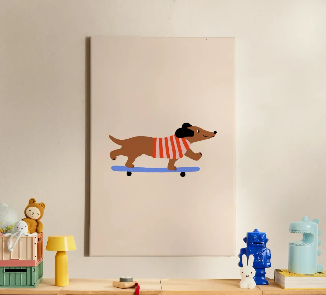 Bassotto con skateboard tela con Cornice a cassetta da Maren Gross