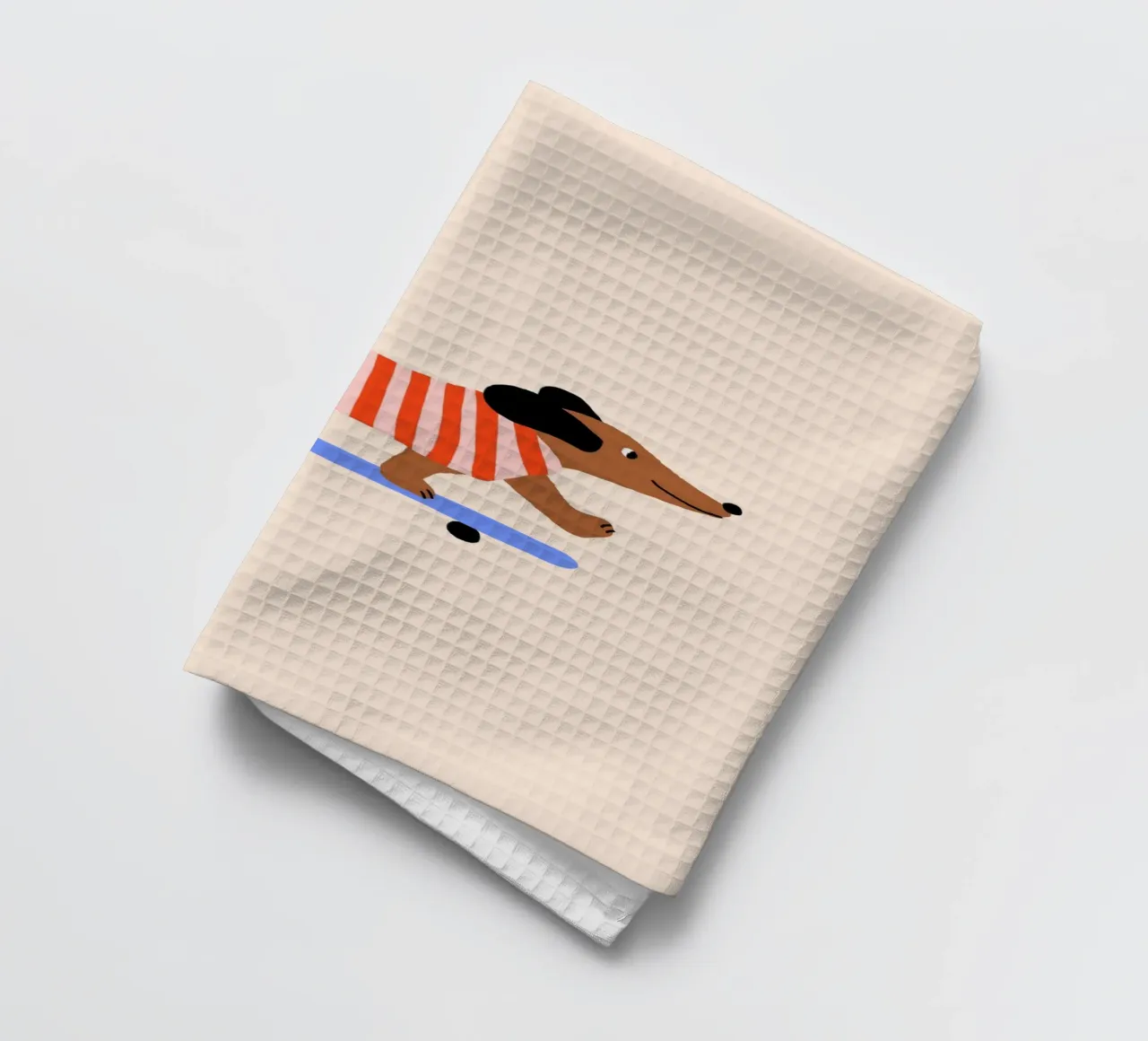 Dachshund with skateboard tea towel by Maren Gross