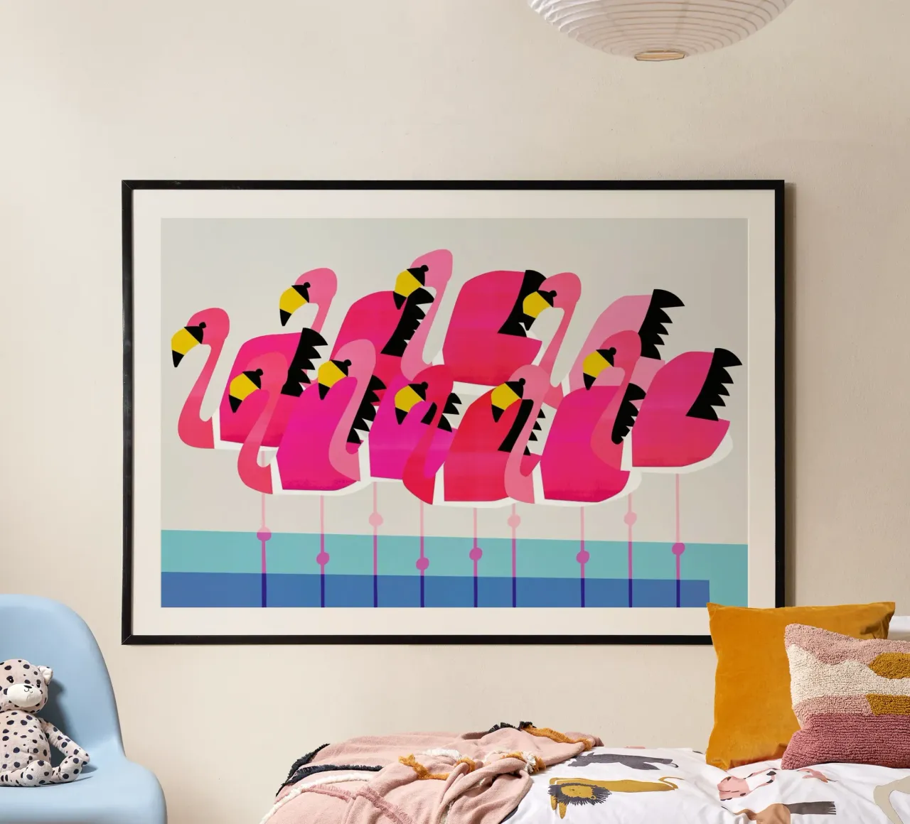 La fiammata dei fenicotteri poster con telaio in plastica da Fox & Velvet