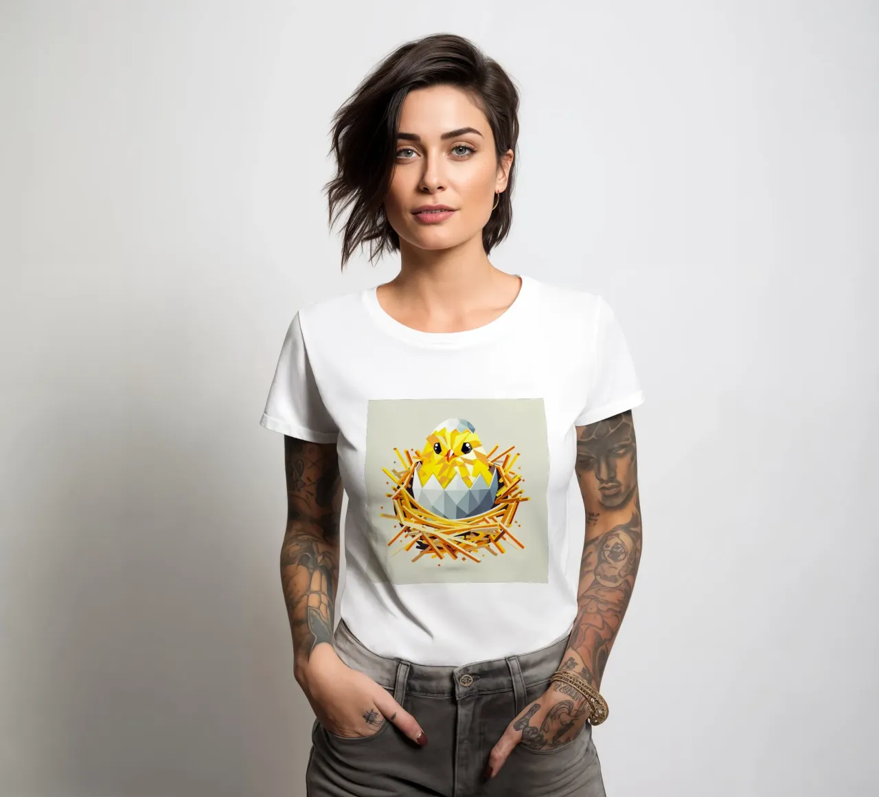 Geometric chick in a nest - Easter joy & the start of spring women's fitted t-shirt by namosh