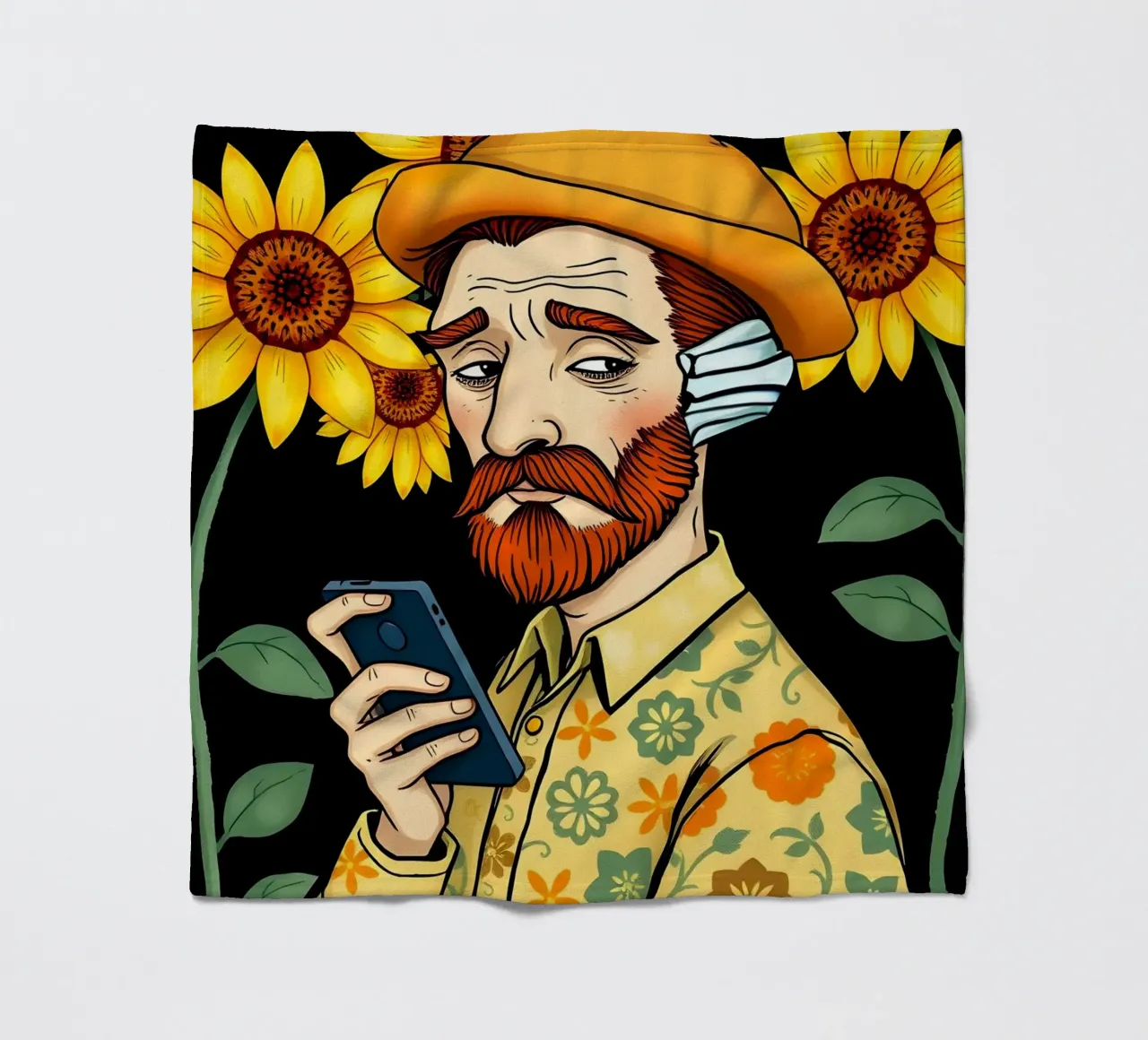 Vincent Van Gogh With Mobile Phone fleece blanket by COLLEEN CRAFTS