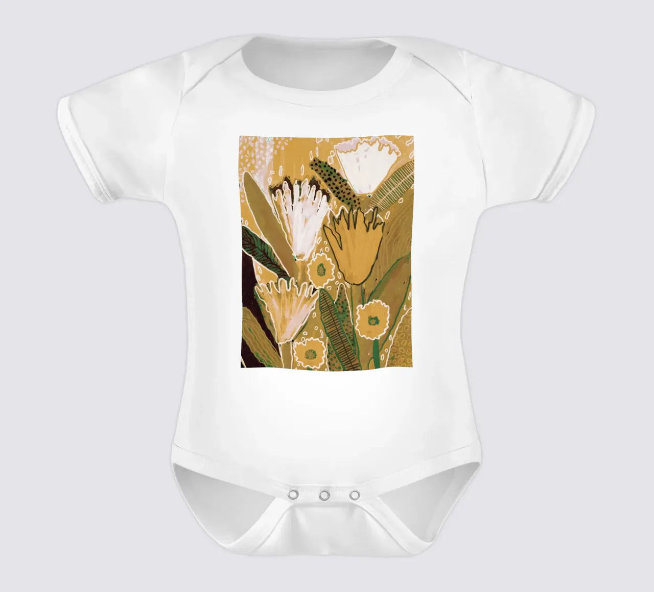 Magic Wildflowers / Yellow & Green short-sleeve baby romper by Alisa Galitsyna