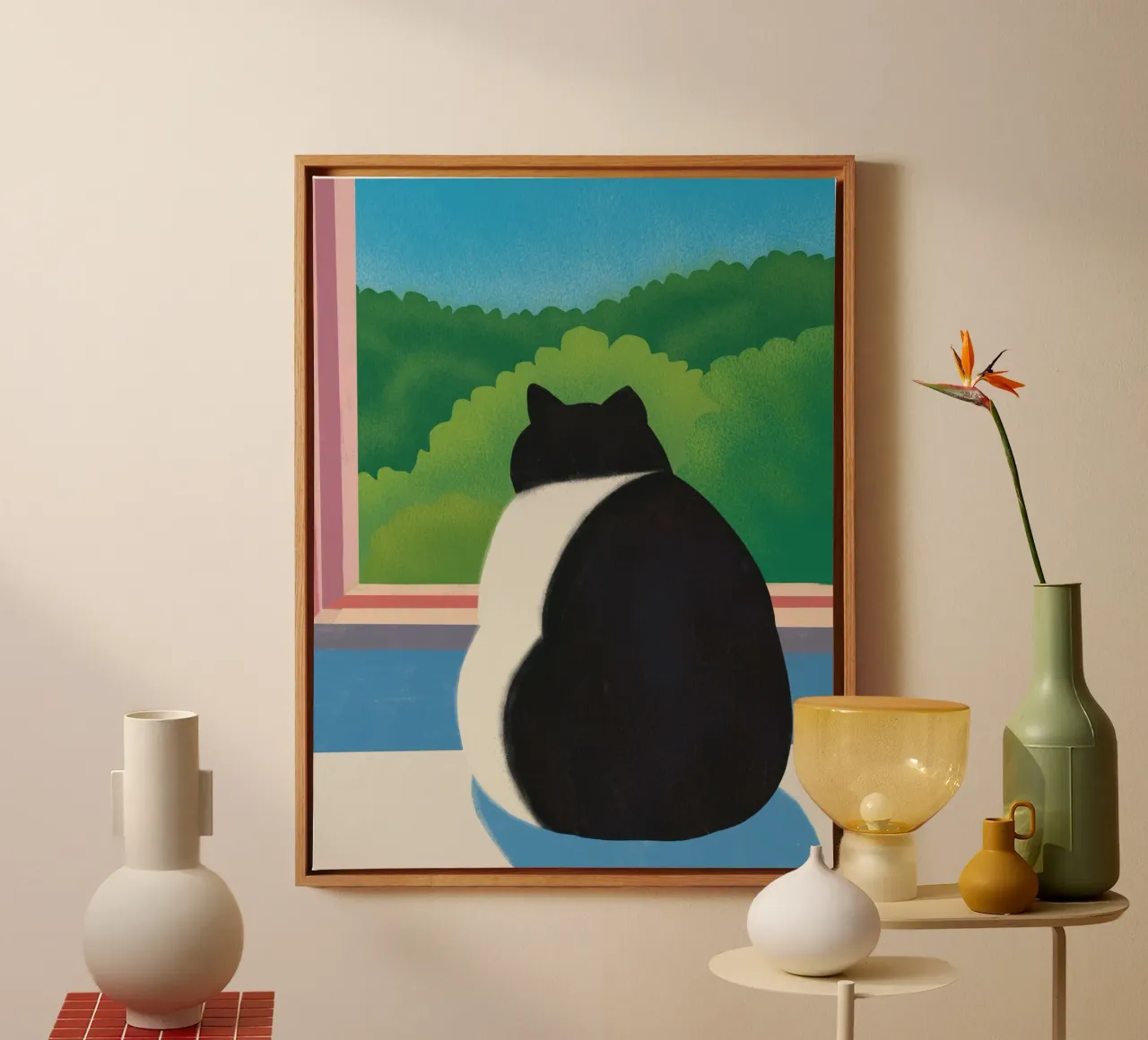 Fat cat looking out the window canvas with Floater frame by Little Dean