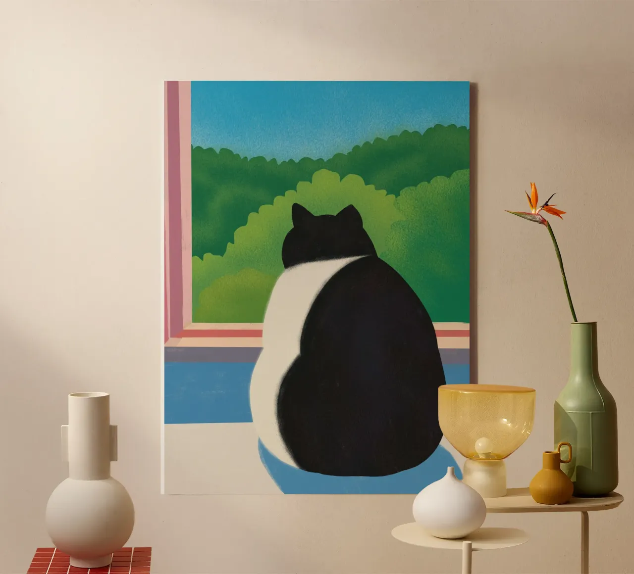 Fat cat looking out the window canvas with Floater frame by Little Dean