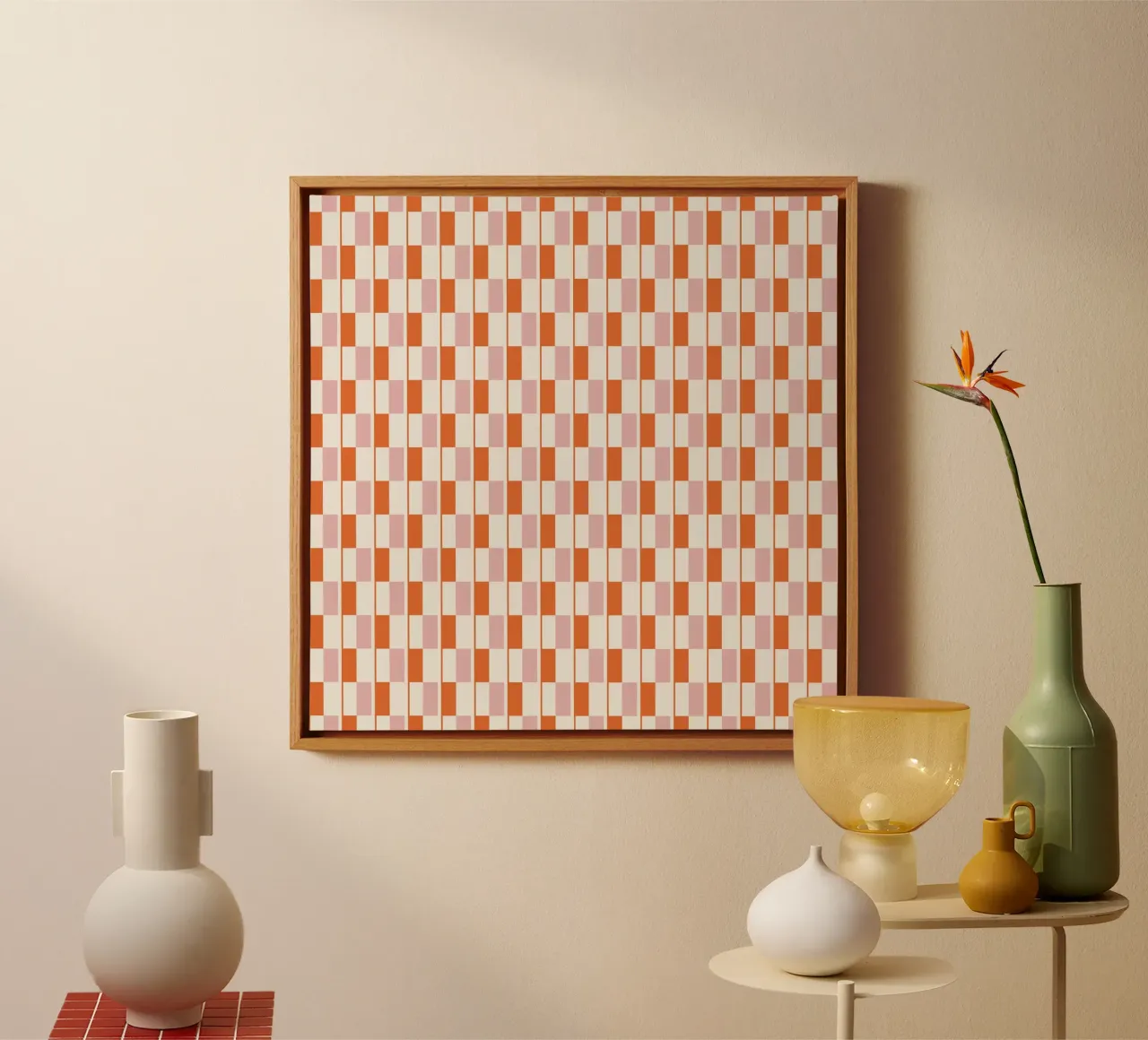 Seamless geometrical pattern in orange and pink canvas with Floater frame by Little Dean