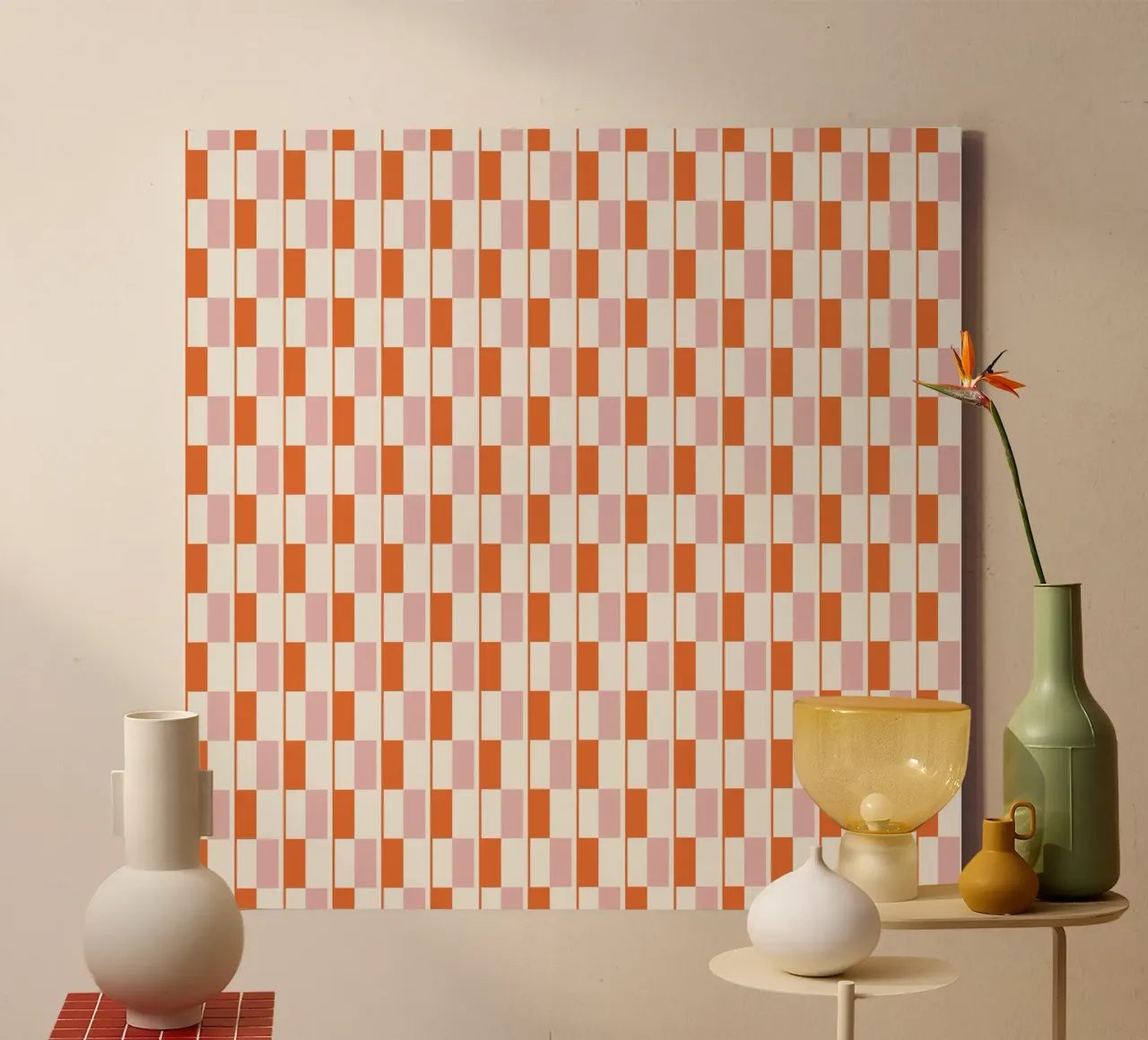 Seamless geometrical pattern in orange and pink canvas with Floater frame by Little Dean