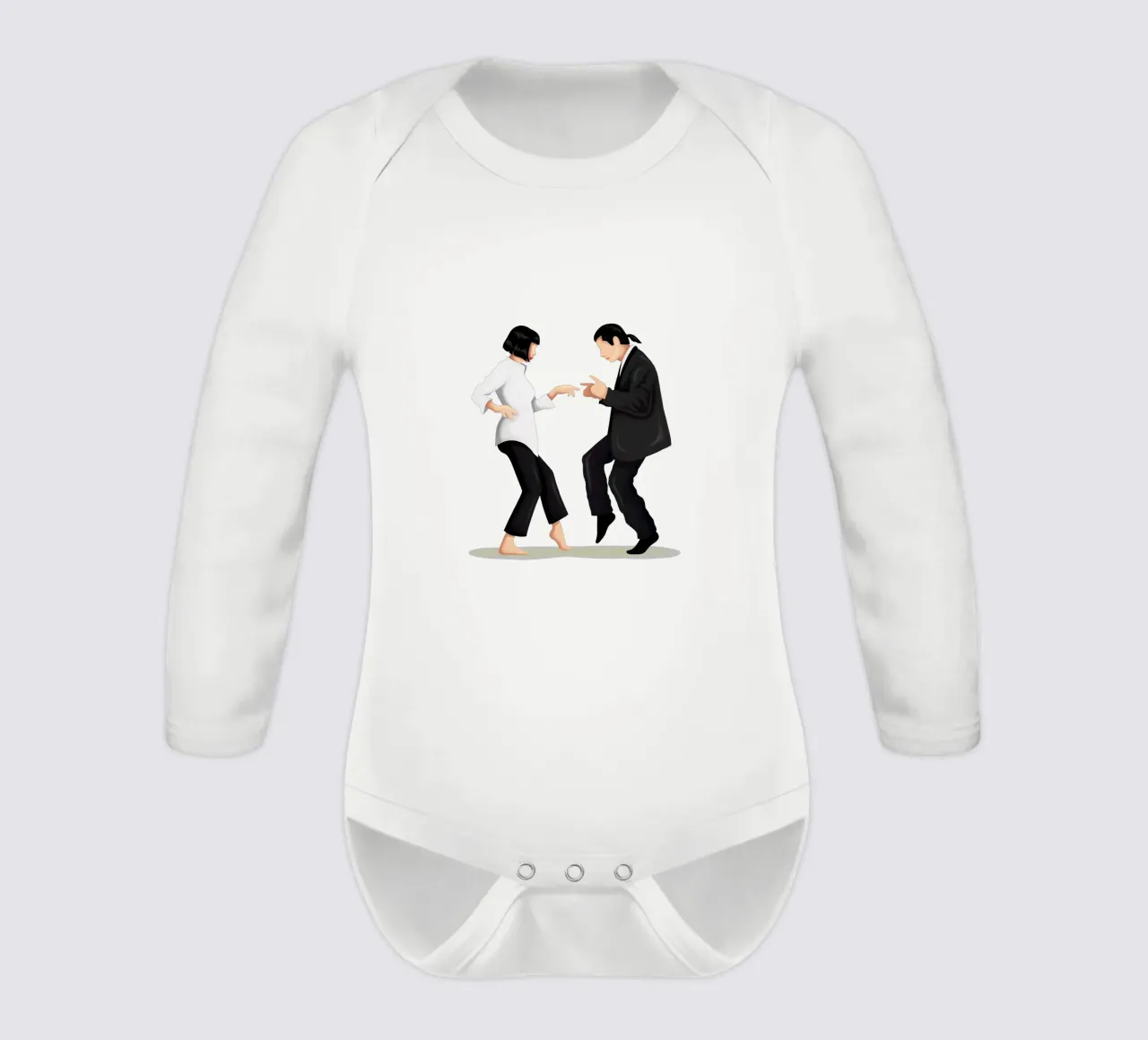 Pulp Fiction long-sleeve baby romper by Nour Tohme