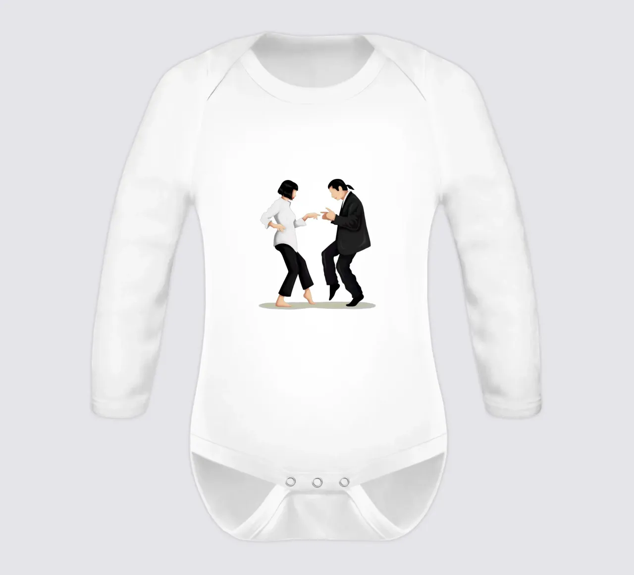 Pulp Fiction long-sleeve baby romper by Nour Tohme