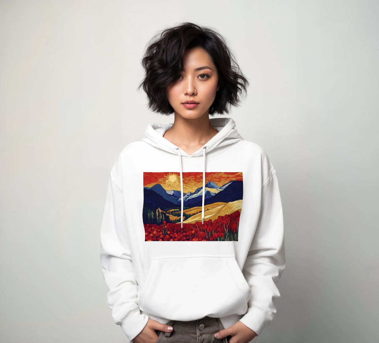 Atardecer en la montaña con flores sudadera con capucha de Caeson