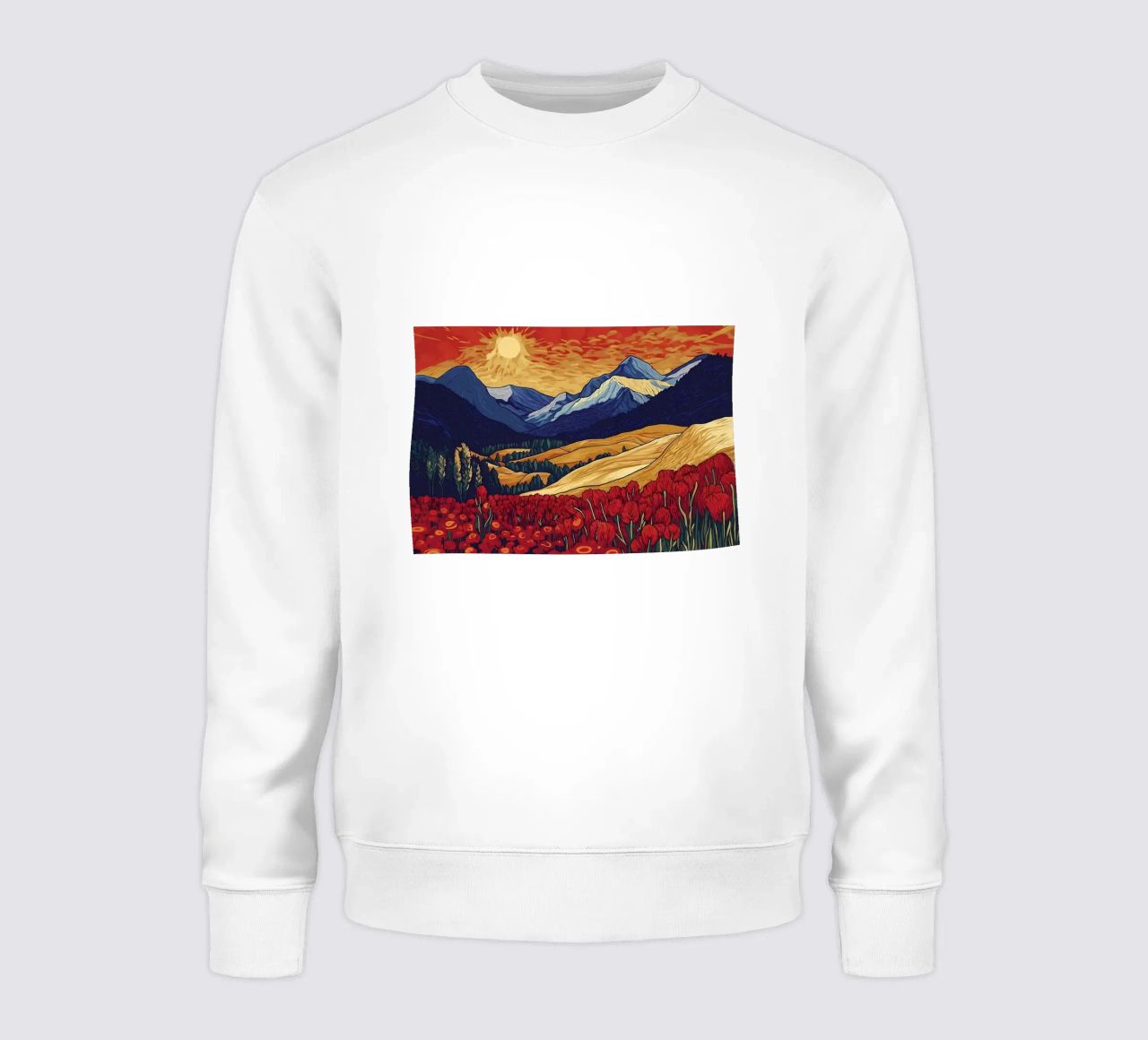 Atardecer en la montaña con flores sudadera de Caeson