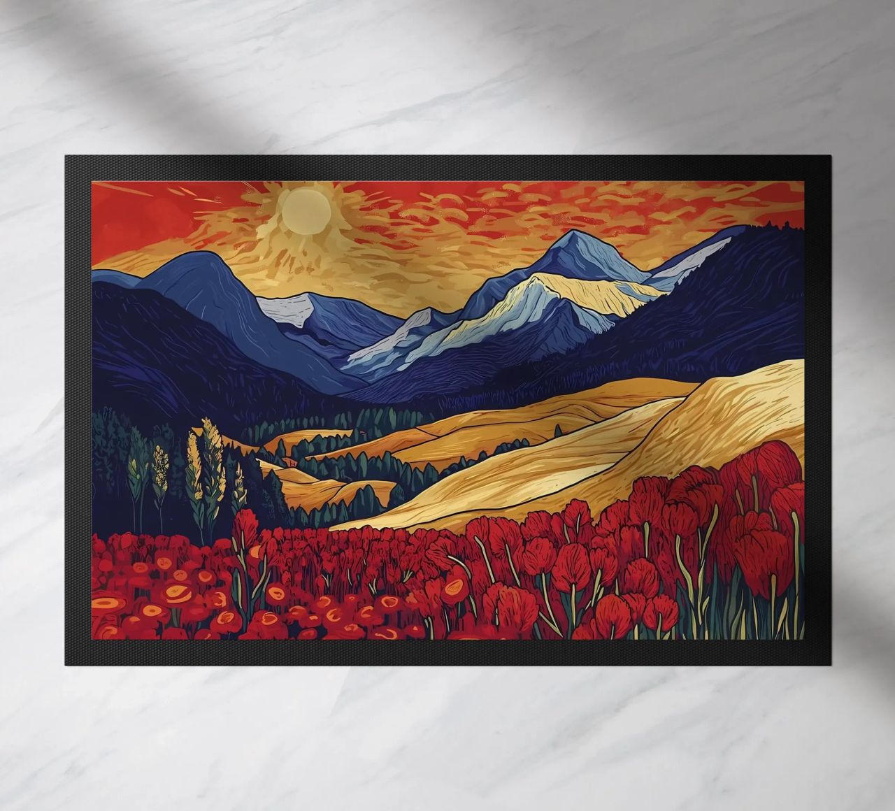 Atardecer en la montaña con flores felpudo de Caeson