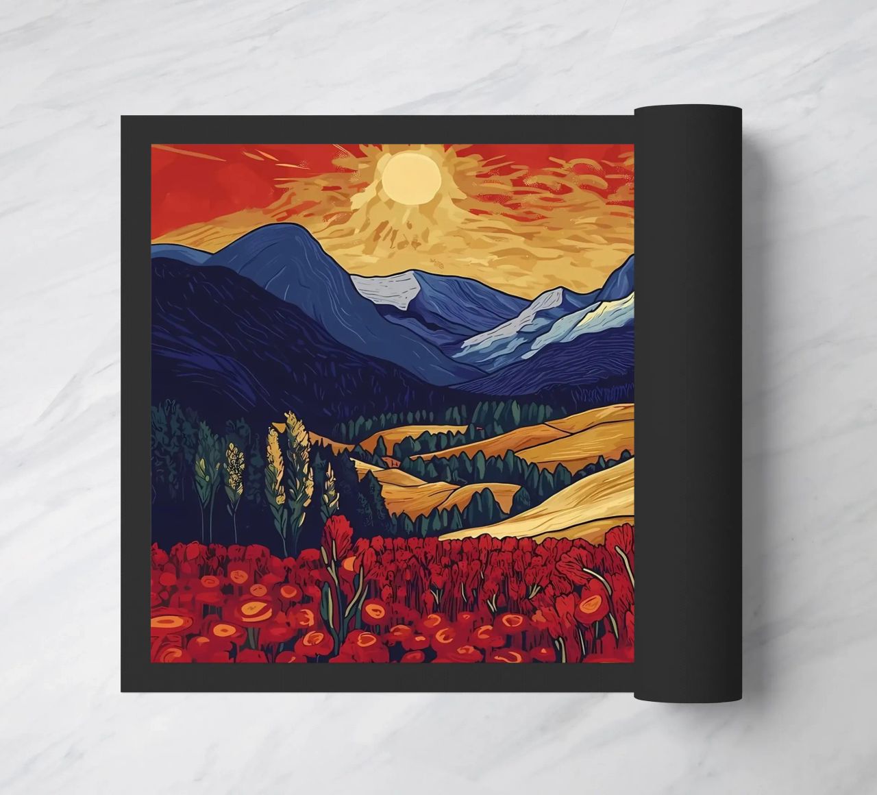 Atardecer en la montaña con flores felpudo de Caeson