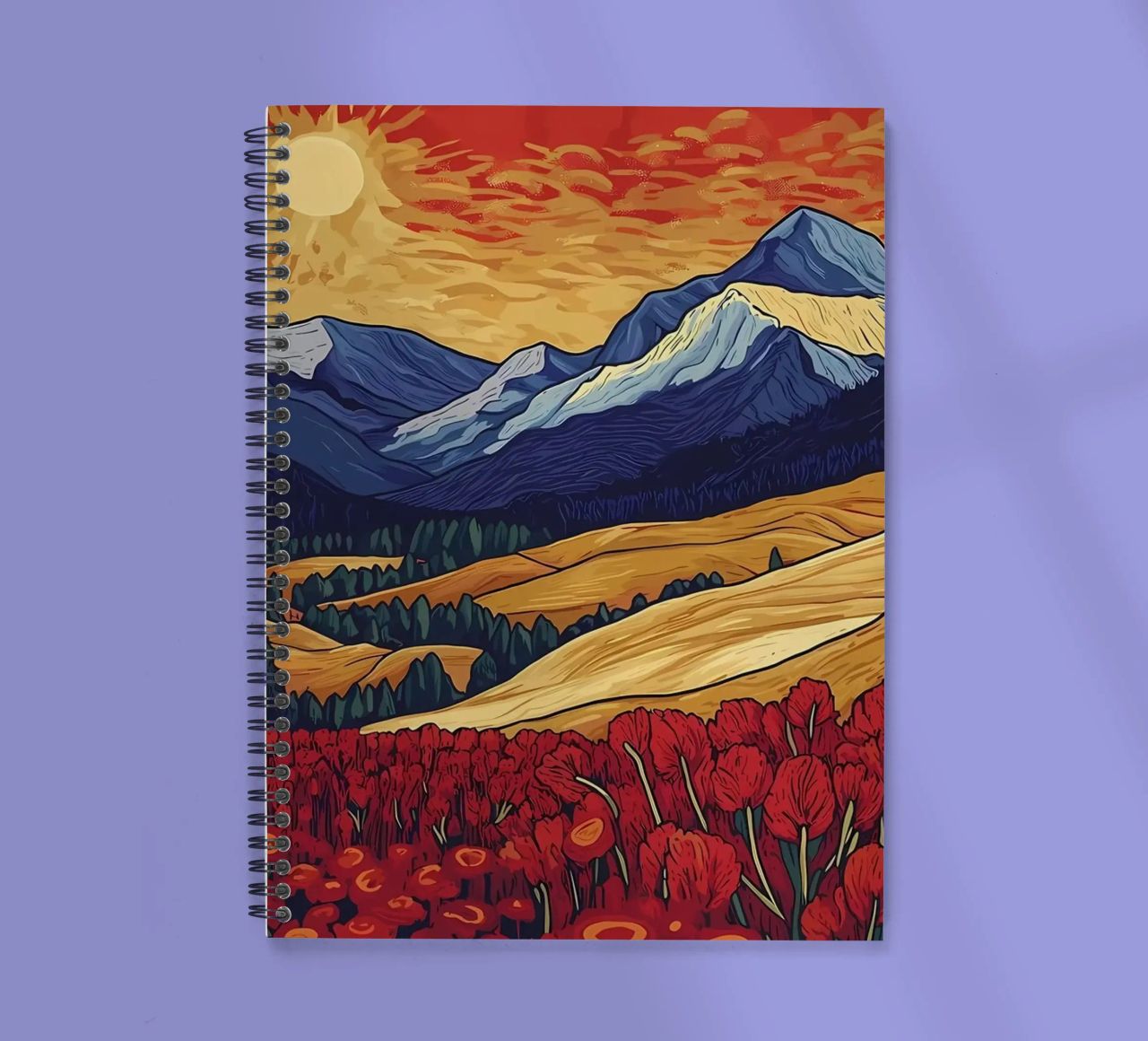Atardecer en la montaña con flores cuaderno de espiral de Caeson
