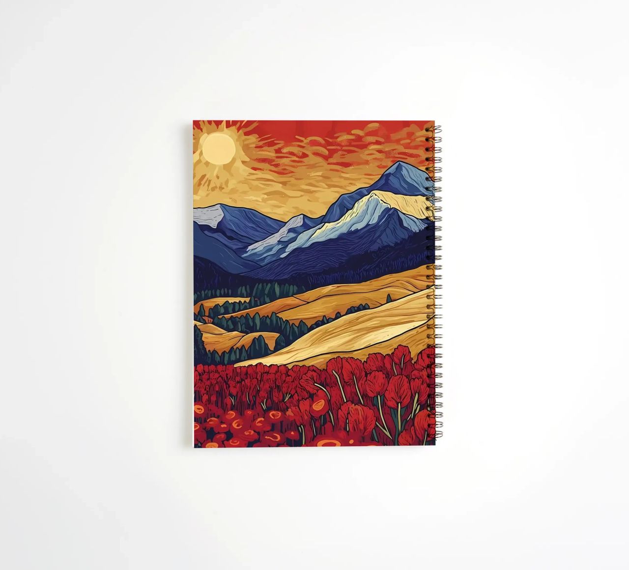 Atardecer en la montaña con flores cuaderno de espiral de Caeson