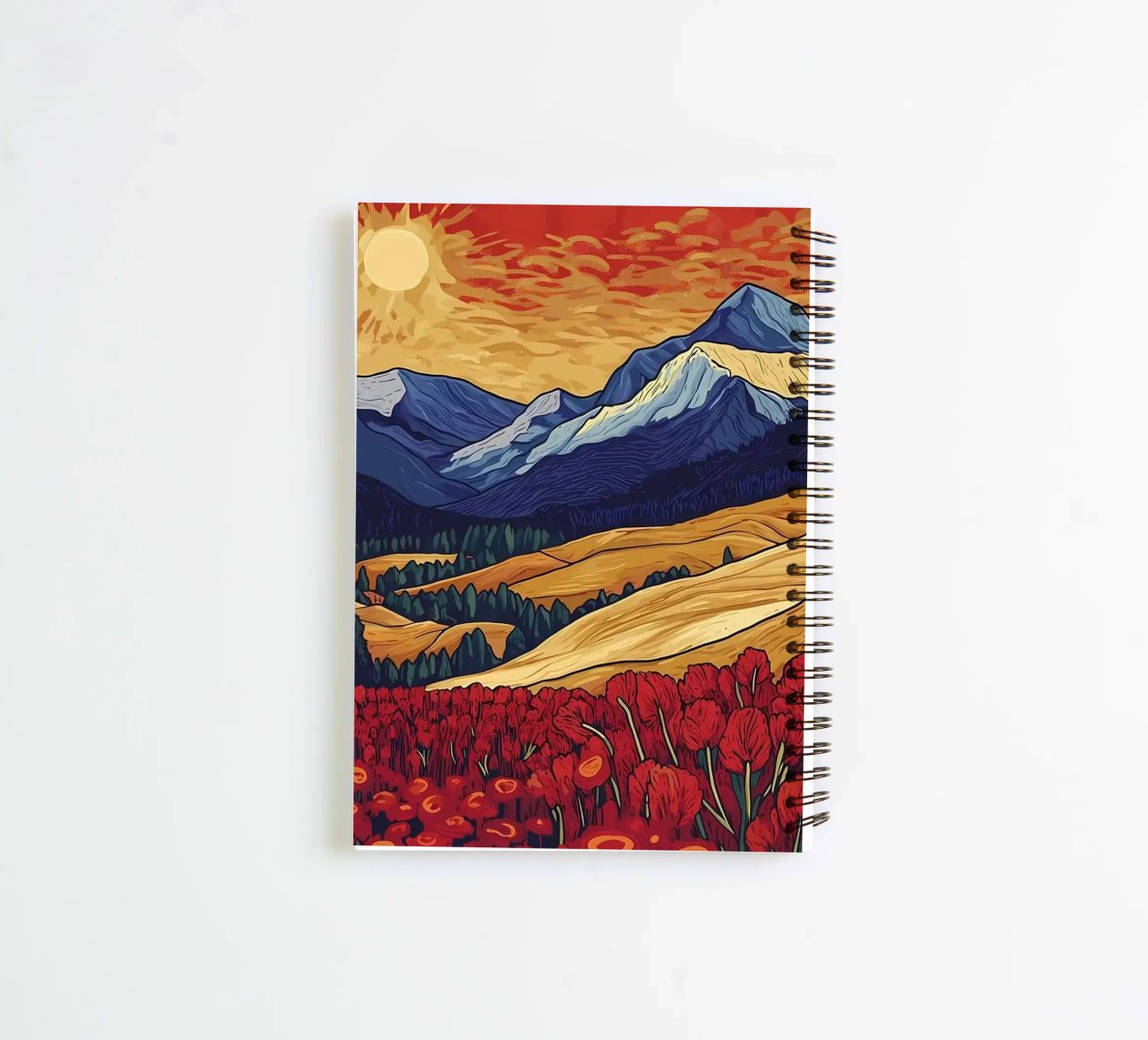Atardecer en la montaña con flores cuaderno de espiral de Caeson