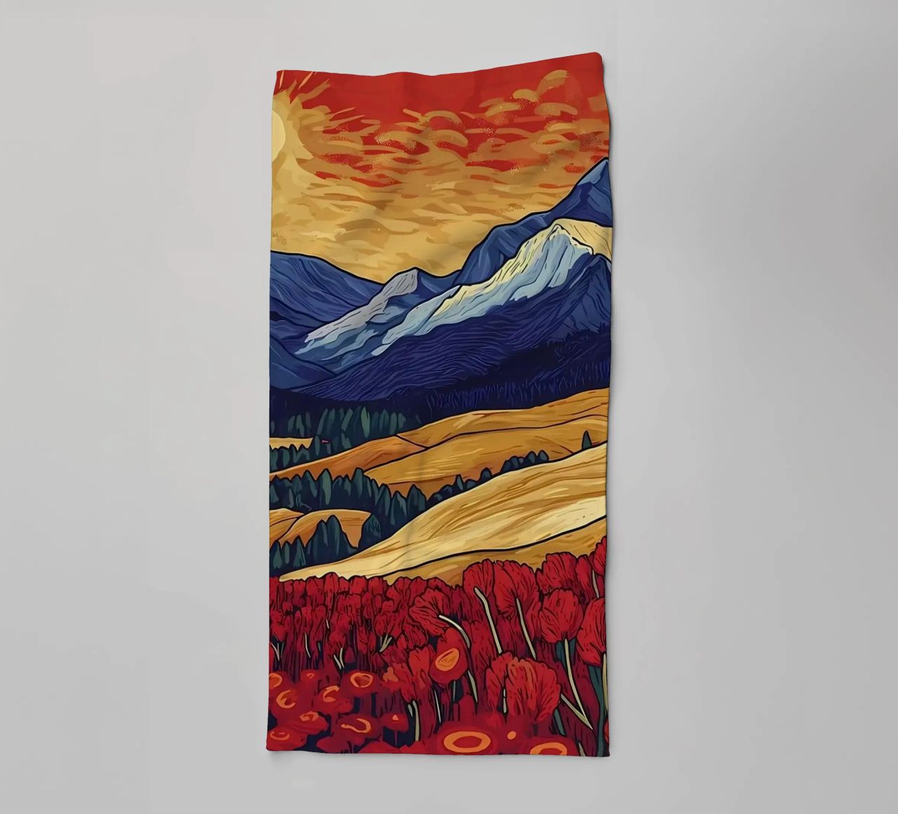 Atardecer en la montaña con flores toalla de baño de Caeson