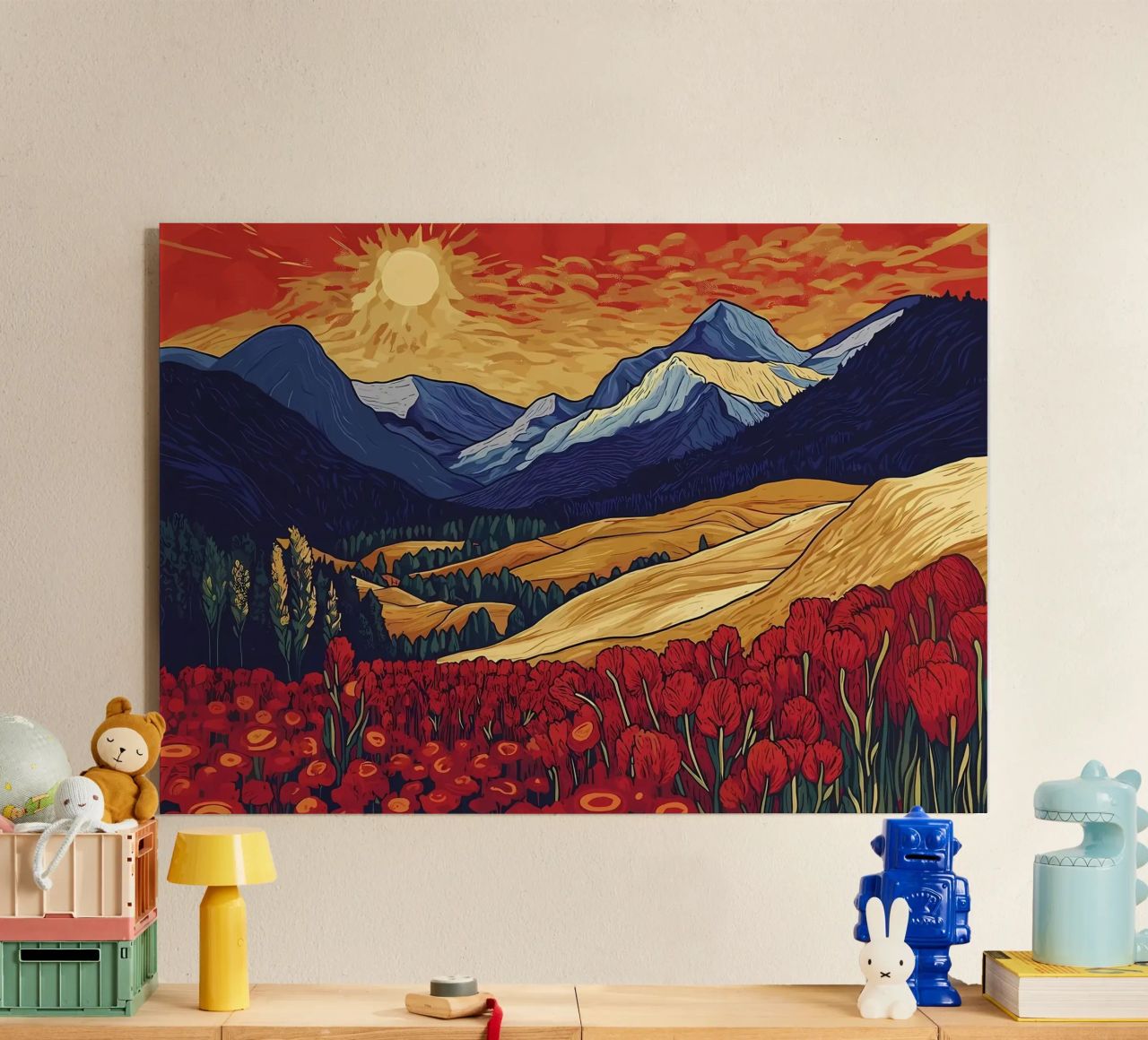 Atardecer en la montaña con flores metacrilato de Caeson
