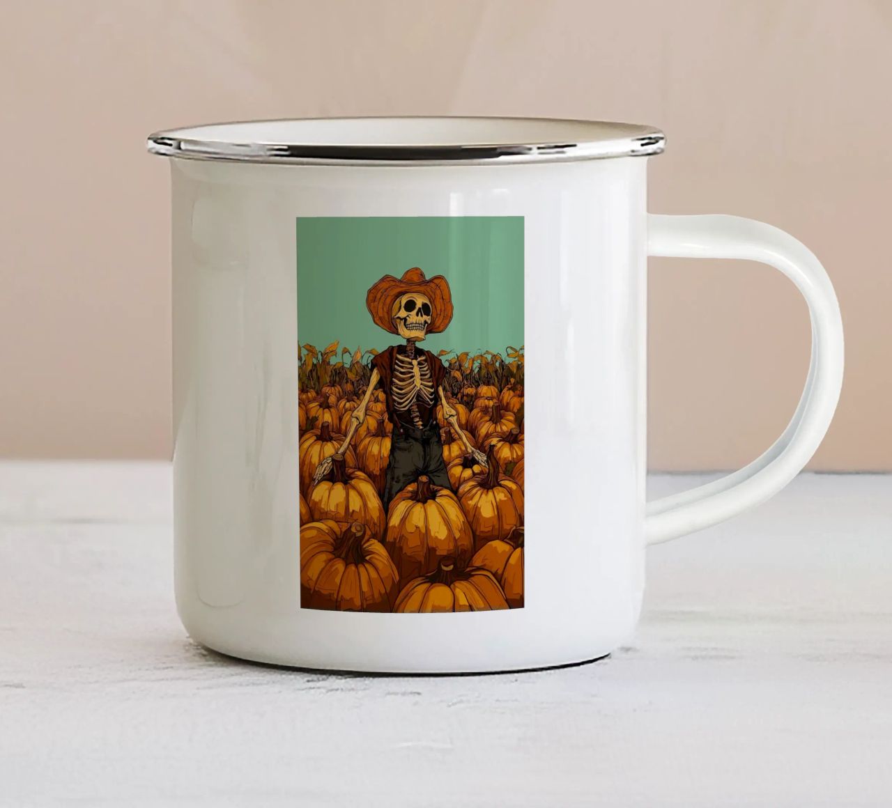 Scheletro contadino di zucca tazza in smalto da Caeson