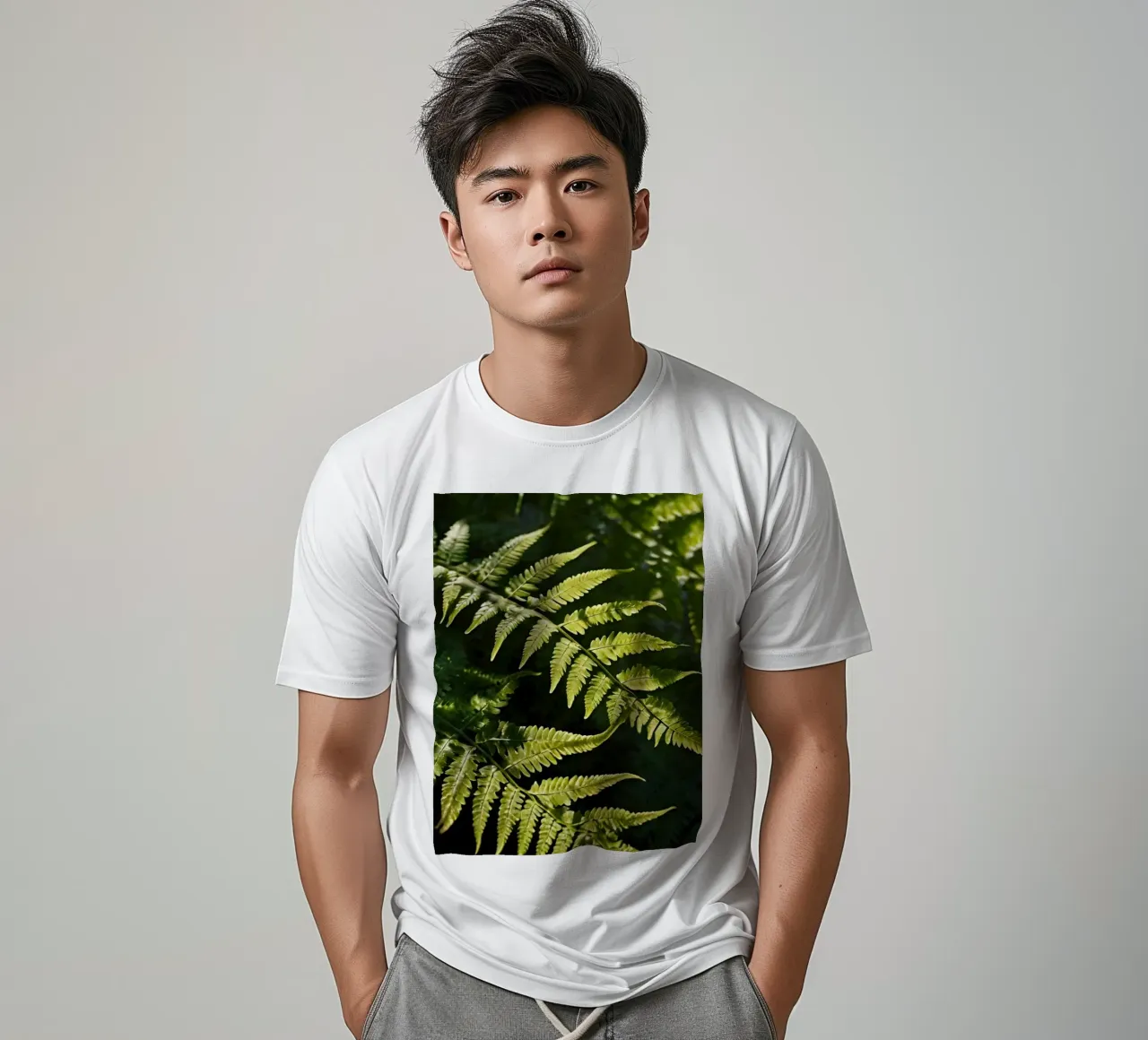 Sunlight filters through lush green ferns in a tranquil fore t-shirt by DesignDoodle