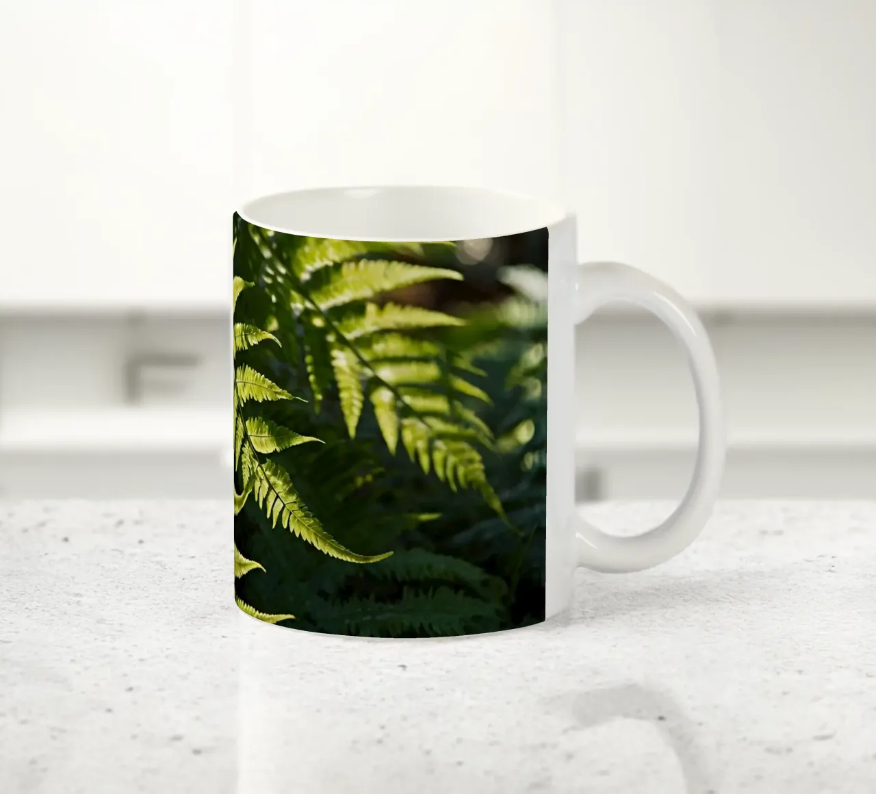 Sunlight filters through lush green ferns in a tranquil fore ceramic mug by DesignDoodle