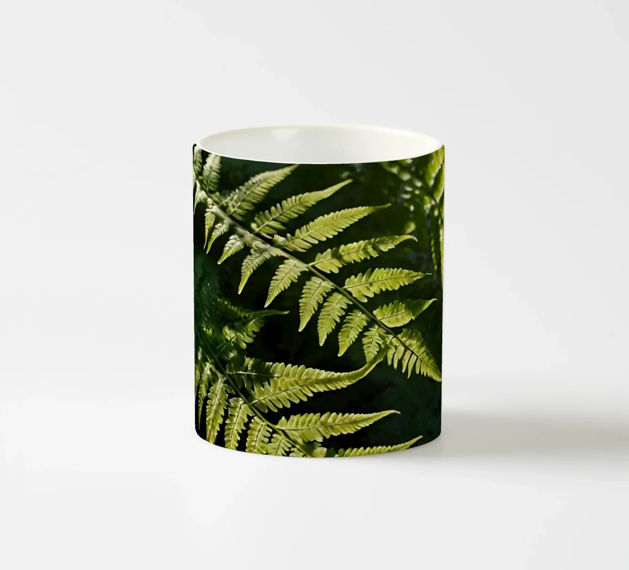 Sunlight filters through lush green ferns in a tranquil fore ceramic mug by DesignDoodle