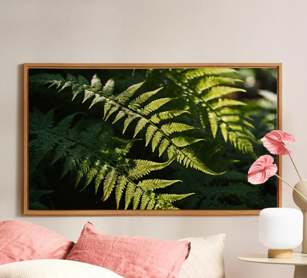 Sunlight filters through lush green ferns in a tranquil fore alu-dibond by DesignDoodle