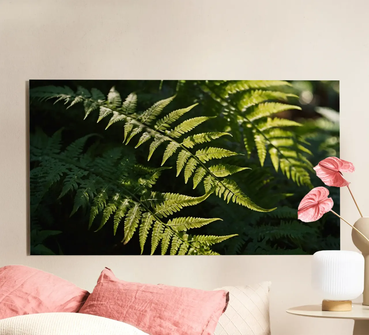 Sunlight filters through lush green ferns in a tranquil fore alu-dibond by DesignDoodle