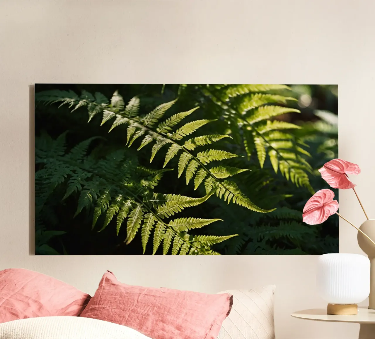 Sunlight filters through lush green ferns in a tranquil fore canvas by DesignDoodle