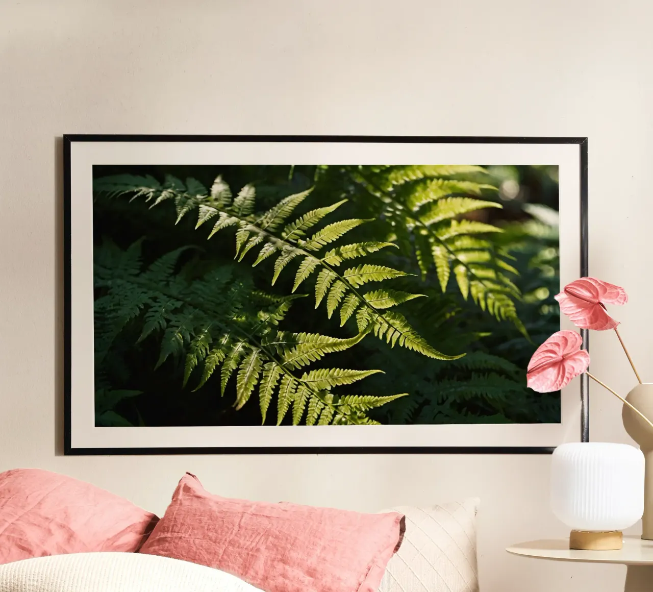 Sunlight filters through lush green ferns in a tranquil fore hahnemühle by DesignDoodle