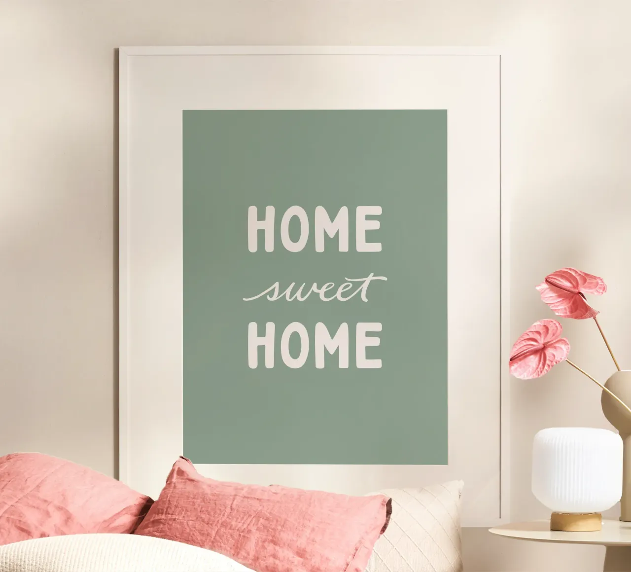Home Sweet Home Salbei | Modernes Lettering Design poster con telaio in plastica da Kathrin Woo Design