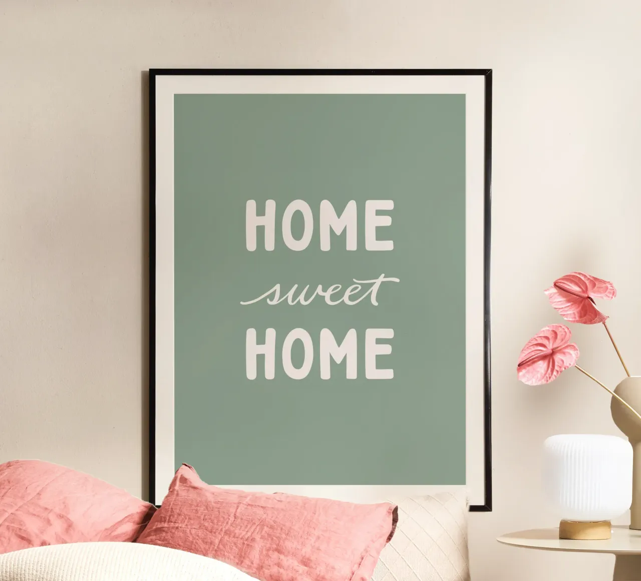 Home Sweet Home Salbei | Modernes Lettering Design poster con telaio in plastica da Kathrin Woo Design