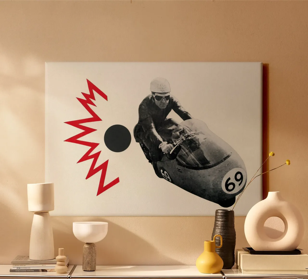 Motorgekte canvas met Baklijst van Cassia Beck Collage