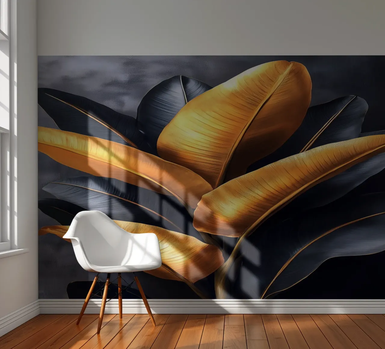 Gold and black banana leaves photo wallpaper by Justyna Jaszke JBJart