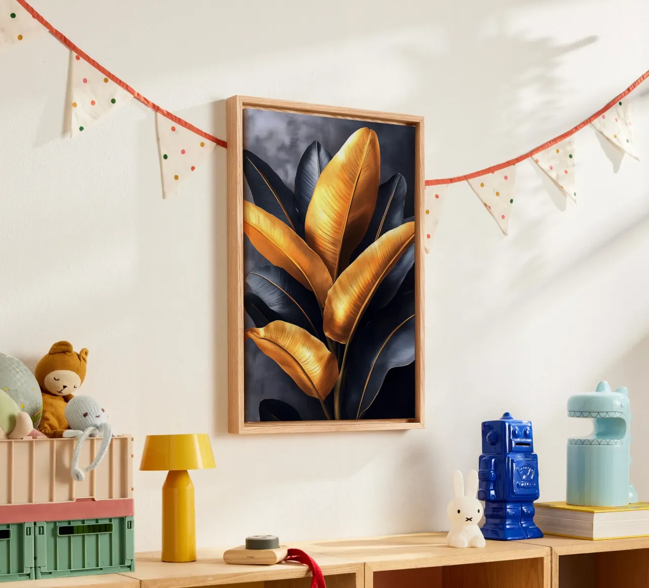 Gouden en zwarte bananenbladeren canvas van Justyna Jaszke JBJart