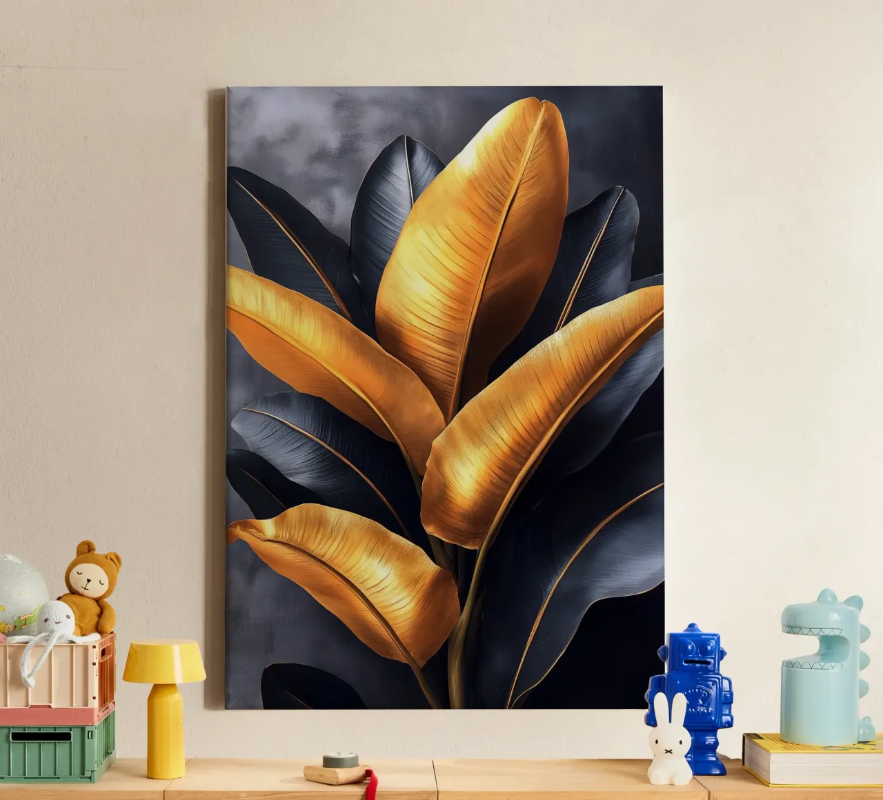 Gouden en zwarte bananenbladeren canvas van Justyna Jaszke JBJart