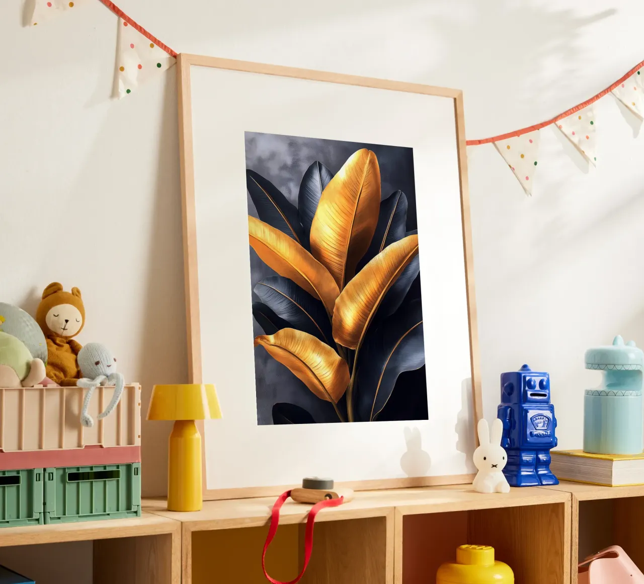 Gouden en zwarte bananenbladeren hahnemühle van Justyna Jaszke JBJart