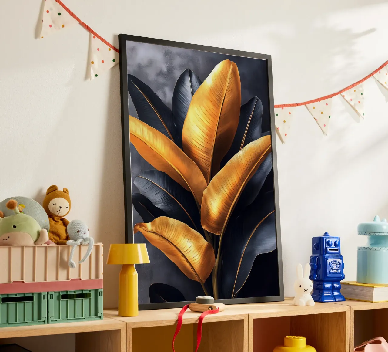 Gouden en zwarte bananenbladeren hahnemühle van Justyna Jaszke JBJart